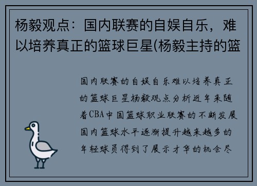 杨毅观点：国内联赛的自娱自乐，难以培养真正的篮球巨星(杨毅主持的篮球节目)