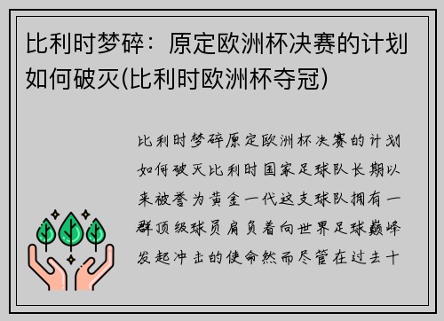 比利时梦碎：原定欧洲杯决赛的计划如何破灭(比利时欧洲杯夺冠)