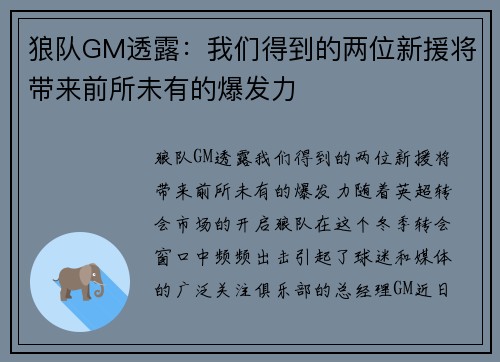 狼队GM透露：我们得到的两位新援将带来前所未有的爆发力