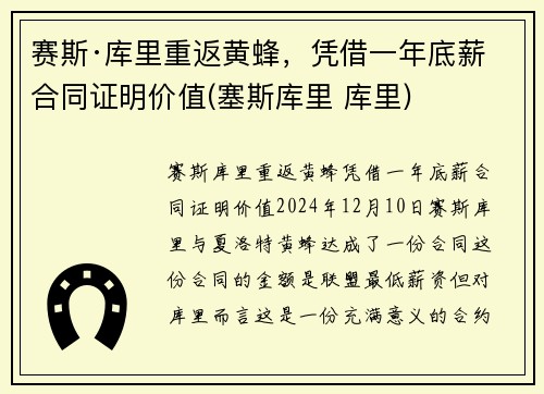 赛斯·库里重返黄蜂，凭借一年底薪合同证明价值(塞斯库里 库里)