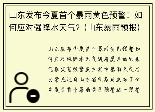 山东发布今夏首个暴雨黄色预警！如何应对强降水天气？(山东暴雨预报)