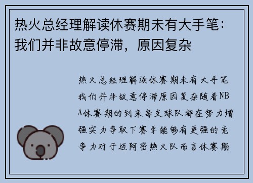热火总经理解读休赛期未有大手笔：我们并非故意停滞，原因复杂