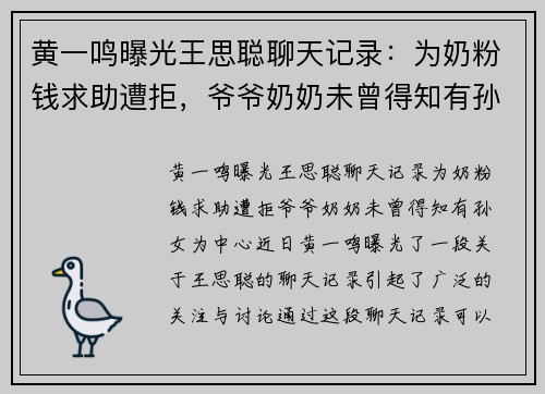 黄一鸣曝光王思聪聊天记录：为奶粉钱求助遭拒，爷爷奶奶未曾得知有孙女