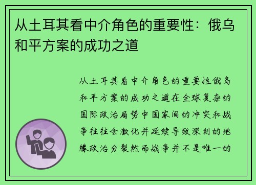 从土耳其看中介角色的重要性：俄乌和平方案的成功之道
