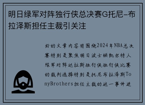 明日绿军对阵独行侠总决赛G托尼-布拉泽斯担任主裁引关注