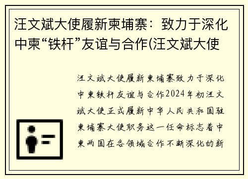 汪文斌大使履新柬埔寨：致力于深化中柬“铁杆”友谊与合作(汪文斌大使年轻照片)