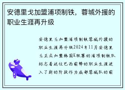 安德里戈加盟浦项制铁，蓉城外援的职业生涯再升级